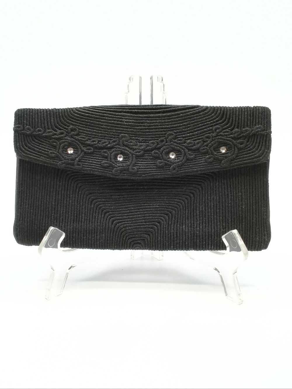 Vintage 1940s Black Cordé Envelope Clutch - MCM Evening Bag with Rhinestones